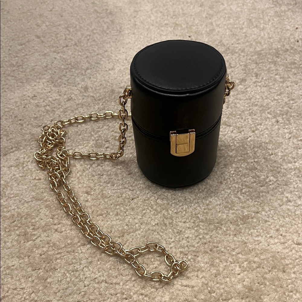Black Cylinder Small Chain Crossbody Bag with Gold Hardware